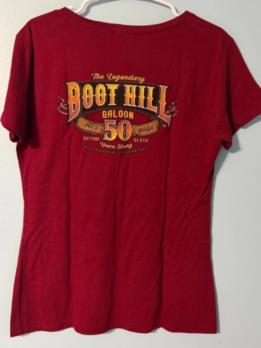 Boot Hill Saloon Daytona Beach 50th Anniversary Red V-Neck Tee Womens XL